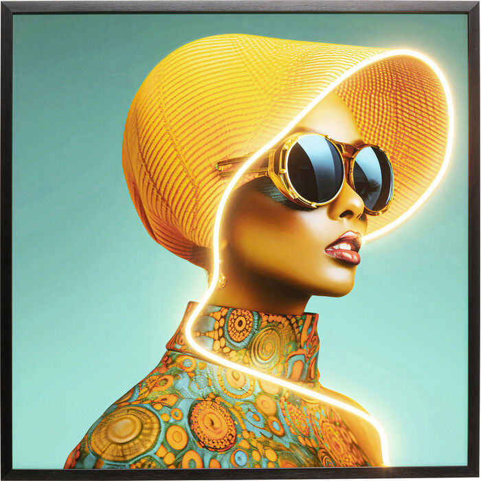 Quadro incorniciato LED Sun Hat Woman giallo 80x80