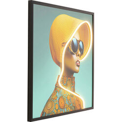 Quadro incorniciato LED Sun Hat Woman giallo 80x80