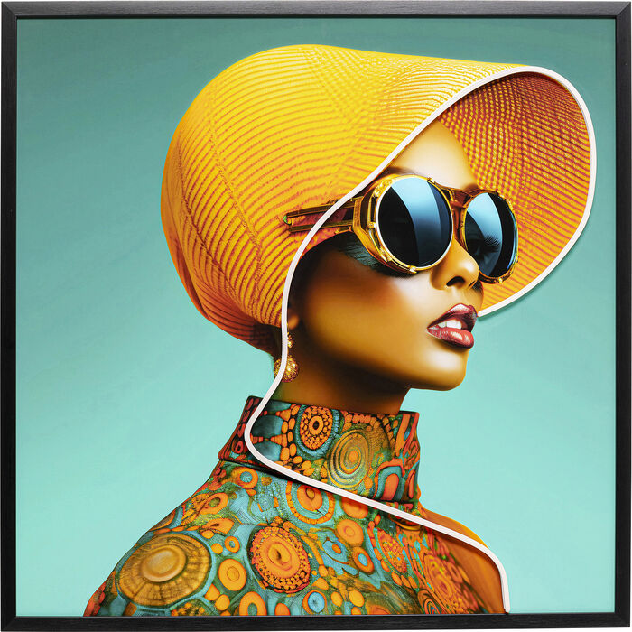 Framed Picture LED Sun Hat Woman Yellow 80x80cm