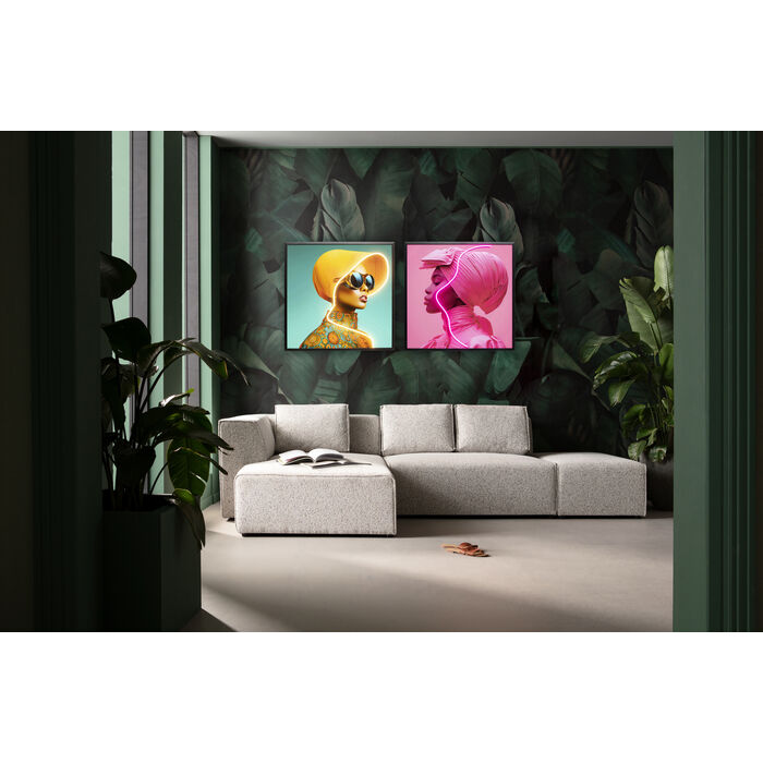 Framed Picture LED Sun Hat Woman Yellow 80x80cm