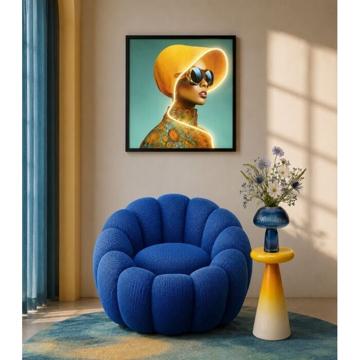 Tableau encadré LED Sun Hat Woman jaune 80x80cm